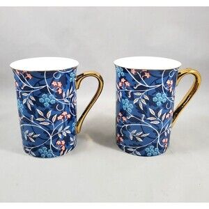 Set of 2 Grace's Teaware Blue Morris Mug Floral Vines Gold Rim & Handle 4in